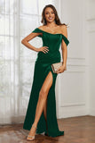 Off the shoulder cap sleeves satin formal evening dresses with slit prom party gowns