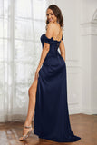 Off the shoulder cap sleeves satin formal evening dresses with slit prom party gowns