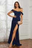 Off the shoulder cap sleeves satin formal evening dresses with slit prom party gowns