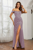 Off the shoulder cap sleeves satin formal evening dresses with slit prom party gowns