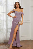 Off the shoulder cap sleeves satin formal evening dresses with slit prom party gowns