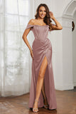 Off the shoulder cap sleeves satin formal evening dresses with slit prom party gowns