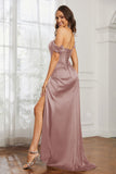 Off the shoulder cap sleeves satin formal evening dresses with slit prom party gowns