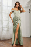 Off the shoulder cap sleeves satin formal evening dresses with slit prom party gowns