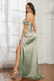 Off the shoulder cap sleeves satin formal evening dresses with slit prom party gowns