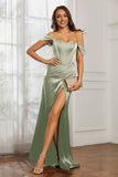 Off the shoulder cap sleeves satin formal evening dresses with slit prom party gowns