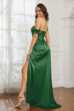 Off the shoulder cap sleeves satin formal evening dresses with slit prom party gowns