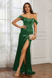 Off the shoulder cap sleeves satin formal evening dresses with slit prom party gowns
