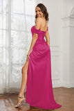 Off the shoulder cap sleeves satin formal evening dresses with slit prom party gowns