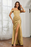 Off the shoulder cap sleeves satin formal evening dresses with slit prom party gowns