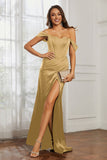 Off the shoulder cap sleeves satin formal evening dresses with slit prom party gowns