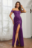 Off the shoulder cap sleeves satin formal evening dresses with slit prom party gowns