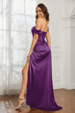 Off the shoulder cap sleeves satin formal evening dresses with slit prom party gowns
