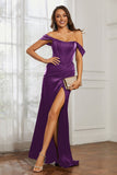 Off the shoulder cap sleeves satin formal evening dresses with slit prom party gowns