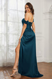 Off the shoulder cap sleeves satin formal evening dresses with slit prom party gowns