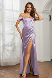 Off the shoulder cap sleeves satin formal evening dresses with slit prom party gowns