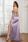 Off the shoulder cap sleeves satin formal evening dresses with slit prom party gowns