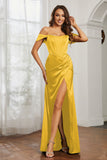 Off the shoulder cap sleeves satin formal evening dresses with slit prom party gowns