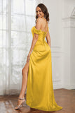 Off the shoulder cap sleeves satin formal evening dresses with slit prom party gowns
