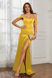 Off the shoulder cap sleeves satin formal evening dresses with slit prom party gowns