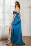 Off the shoulder cap sleeves satin formal evening dresses with slit prom party gowns