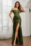 Off the shoulder cap sleeves satin formal evening dresses with slit prom party gowns