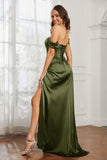 Off the shoulder cap sleeves satin formal evening dresses with slit prom party gowns