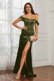 Off the shoulder cap sleeves satin formal evening dresses with slit prom party gowns