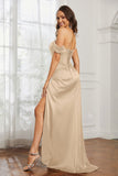 Off the shoulder cap sleeves satin formal evening dresses with slit prom party gowns
