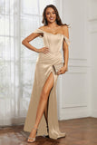 Off the shoulder cap sleeves satin formal evening dresses with slit prom party gowns
