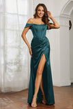 Off the shoulder cap sleeves satin formal evening dresses with slit prom party gowns