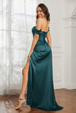 Off the shoulder cap sleeves satin formal evening dresses with slit prom party gowns
