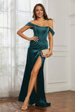 Off the shoulder cap sleeves satin formal evening dresses with slit prom party gowns