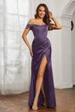 Off the shoulder cap sleeves satin formal evening dresses with slit prom party gowns