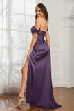 Off the shoulder cap sleeves satin formal evening dresses with slit prom party gowns