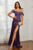 Off the shoulder cap sleeves satin formal evening dresses with slit prom party gowns