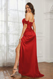 Off the shoulder cap sleeves satin formal evening dresses with slit prom party gowns