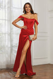 Off the shoulder cap sleeves satin formal evening dresses with slit prom party gowns