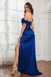 Off the shoulder cap sleeves satin formal evening dresses with slit prom party gowns