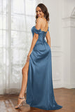 Off the shoulder cap sleeves satin formal evening dresses with slit prom party gowns