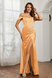 Off the shoulder cap sleeves satin formal evening dresses with slit prom party gowns