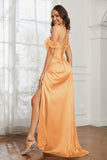 Off the shoulder cap sleeves satin formal evening dresses with slit prom party gowns