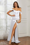 Off the shoulder cap sleeves satin formal evening dresses with slit prom party gowns