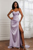 Strapless Satin Sheath Long Formal Evening Dresses with Slit Pleated Backless Prom Party Bridesmaid Dress