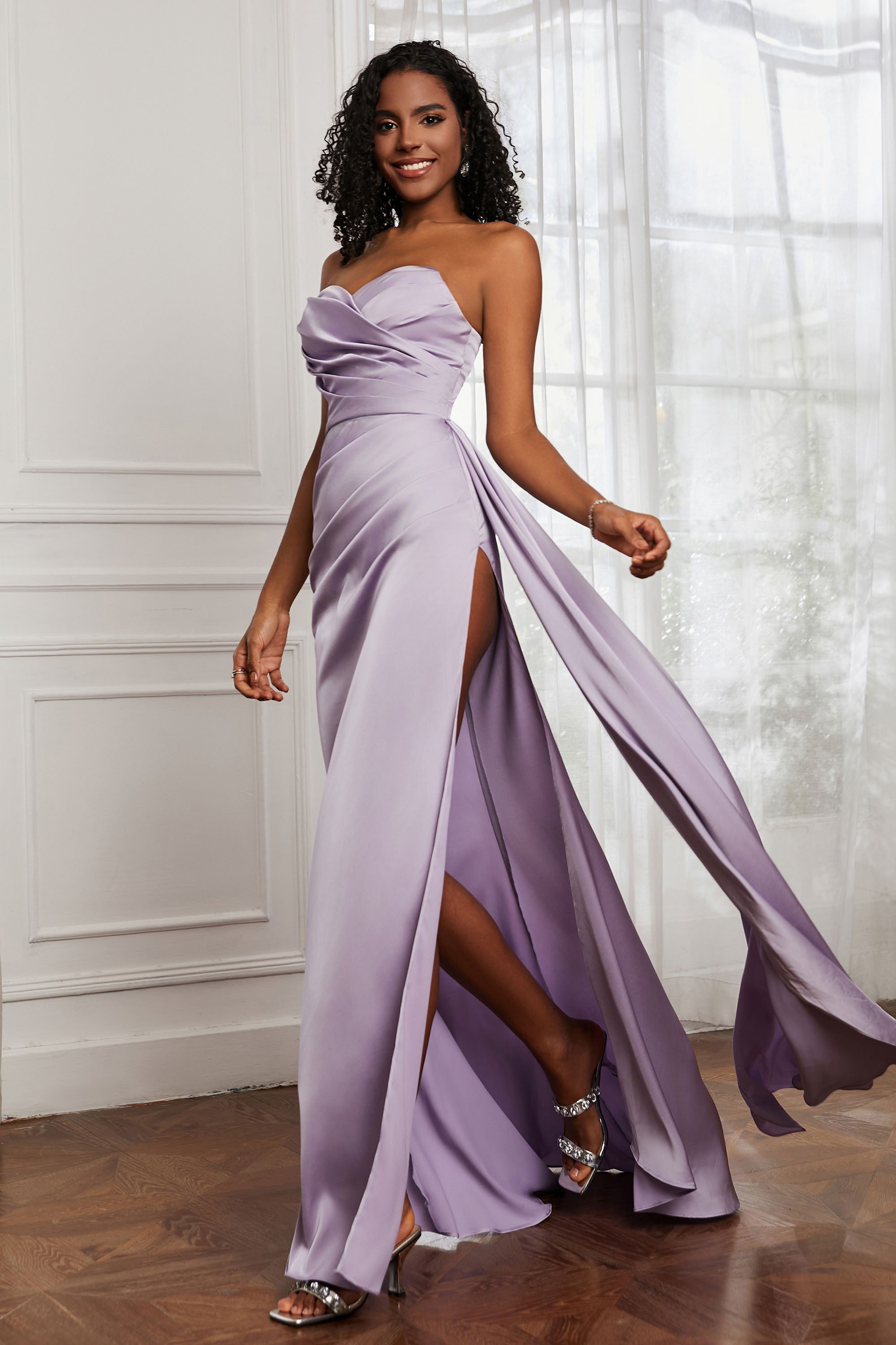 Strapless Satin Sheath Long Formal Evening Dresses with Slit Pleated Backless Prom Party Bridesmaid Dress