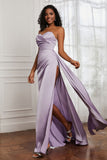 Strapless Satin Sheath Long Formal Evening Dresses with Slit Pleated Backless Prom Party Bridesmaid Dress