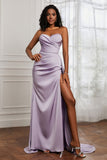 Strapless Satin Sheath Long Formal Evening Dresses with Slit Pleated Backless Prom Party Bridesmaid Dress