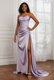 Strapless Satin Sheath Long Formal Evening Dresses with Slit Pleated Backless Prom Party Bridesmaid Dress