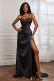Strapless Satin Sheath Long Formal Evening Dresses with Slit Pleated Backless Prom Party Bridesmaid Dress