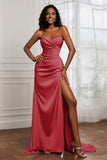 Strapless Satin Sheath Long Formal Evening Dresses with Slit Pleated Backless Prom Party Bridesmaid Dress